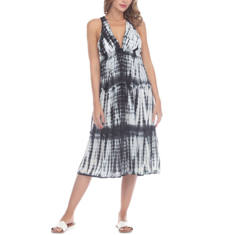 Raviya Tiered MIDI Dress Coverup - Black Tie Dye Size XL